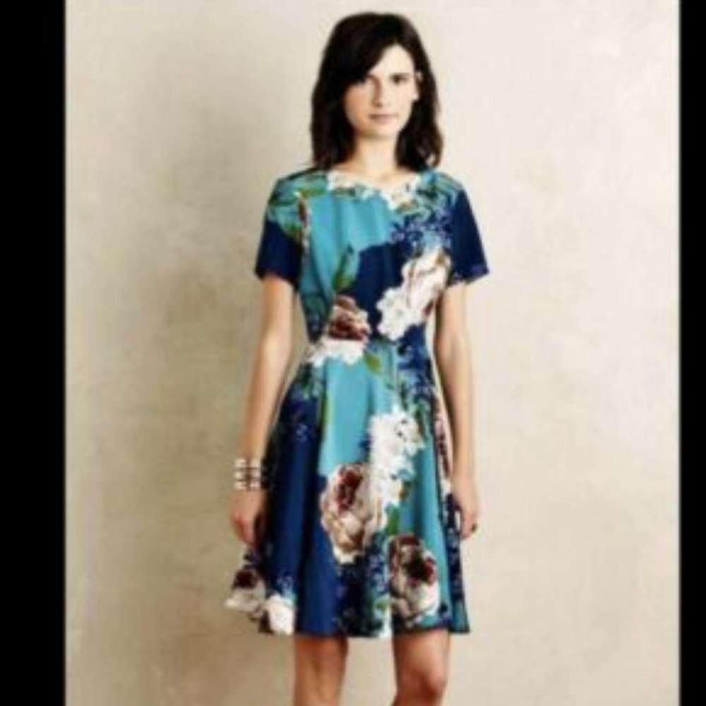 Anthropologie COREY LYNN CALTER Blue Floral Paeonia Dress Fit & Flare